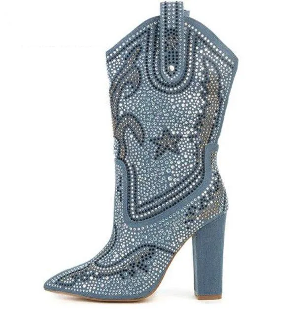 AshoreShop Womens Western Cowboy Fashion Crystal Pointy Boots