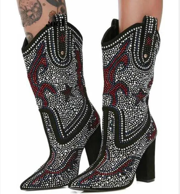 AshoreShop Womens Western Cowboy Fashion Crystal Pointy Boots