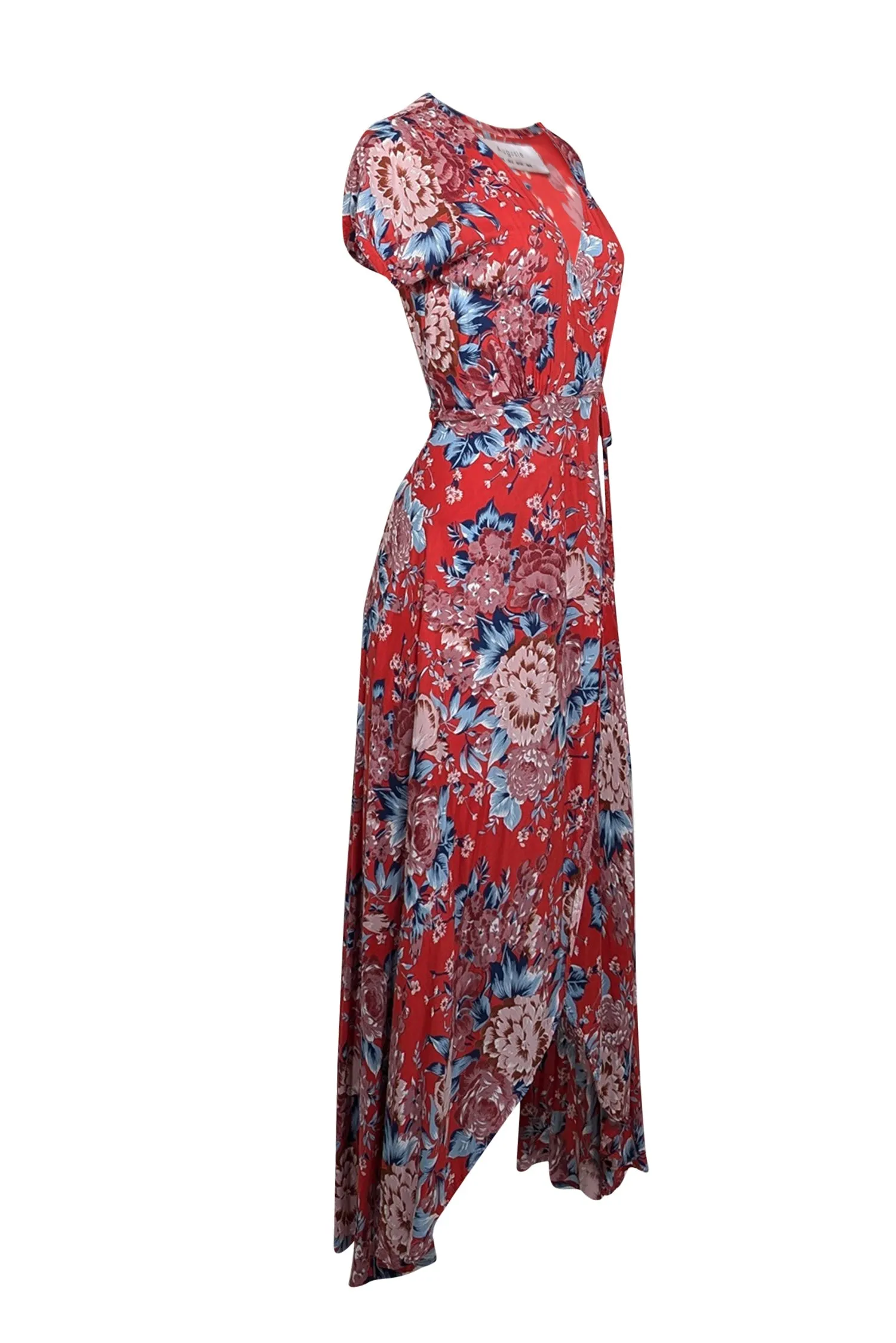 Auguste - Red w/ BLue & Pink Floral Print Maxi Wrap Dress Sz 2