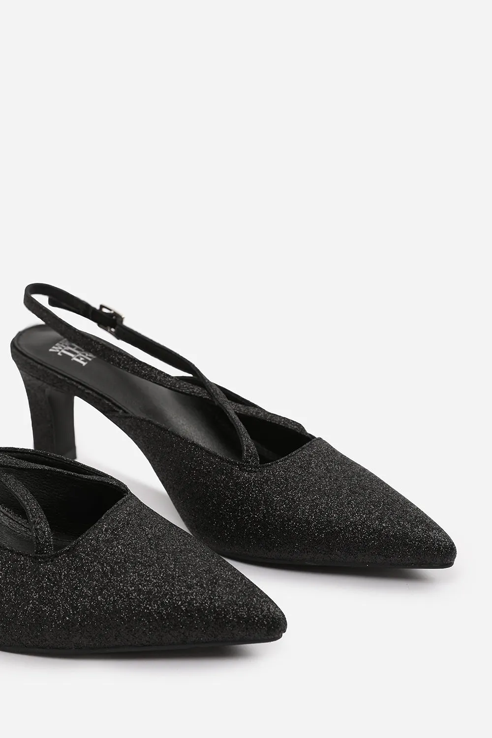 AUSTEN WIDE FIT POINTED TOE LOW BLOCK HEEL WITH CROSS OVER ANKLE STRAP IN BLACK FINE GLITTER