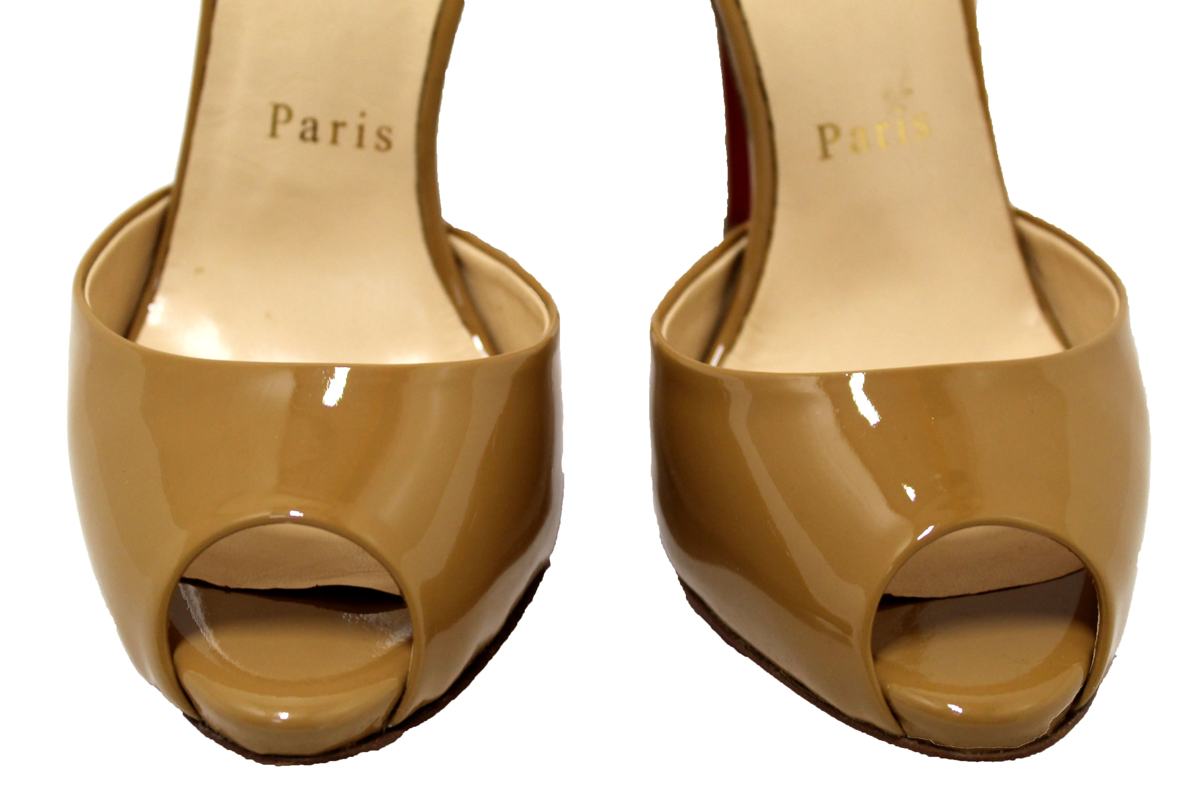 Authentic Christian Louboutin Beige Patent Leather Peep Toe Pumps Size 34.5