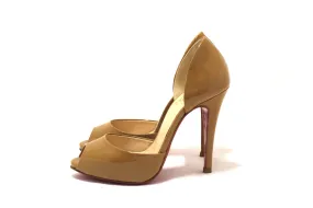 Authentic Christian Louboutin Beige Patent Leather Peep Toe Pumps Size 34.5