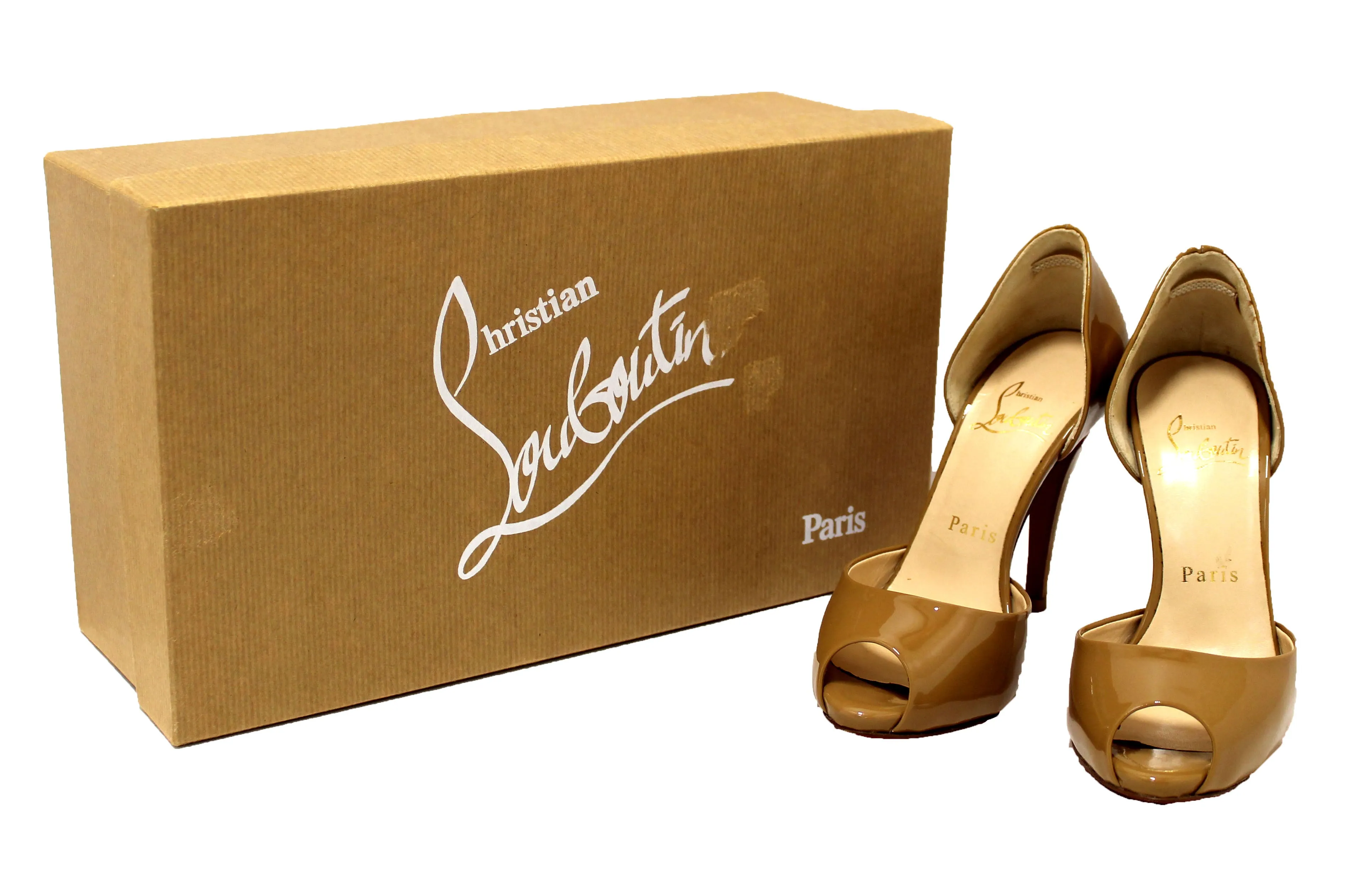 Authentic Christian Louboutin Beige Patent Leather Peep Toe Pumps Size 34.5