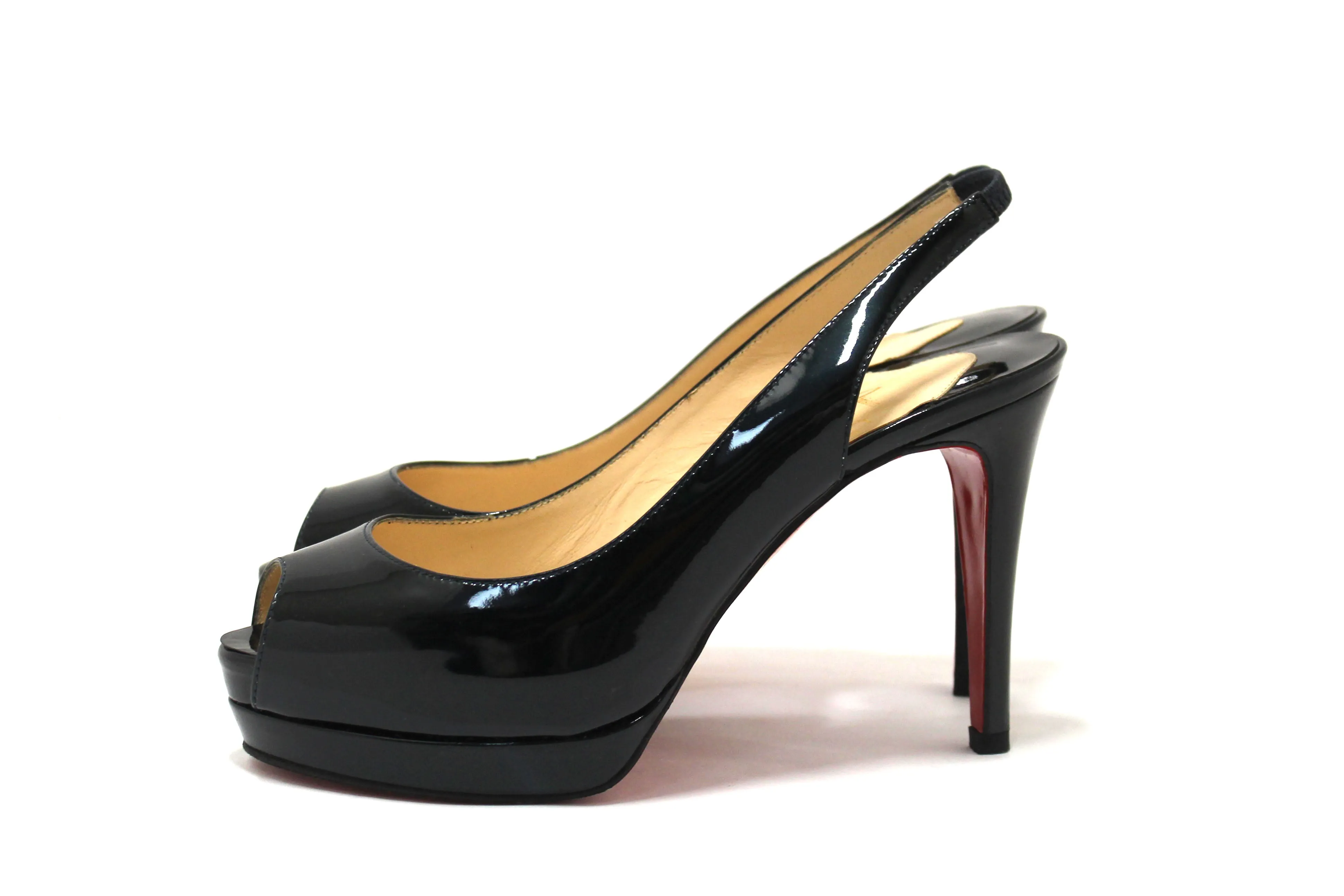 Authentic Christian Louboutin Blue Patent Leather Lady Peep Toe Platform Pumps Size 34.5