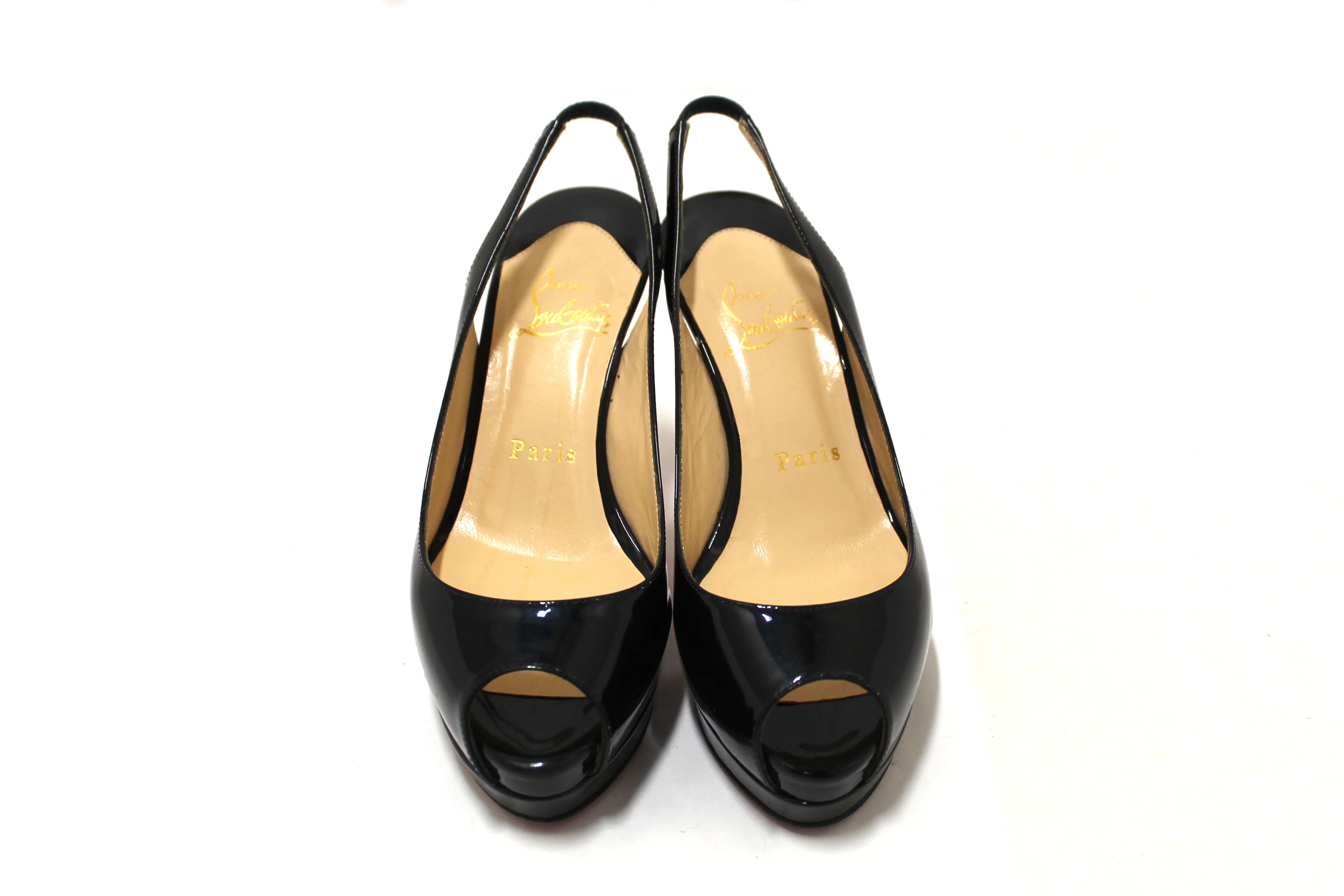 Authentic Christian Louboutin Blue Patent Leather Lady Peep Toe Platform Pumps Size 34.5