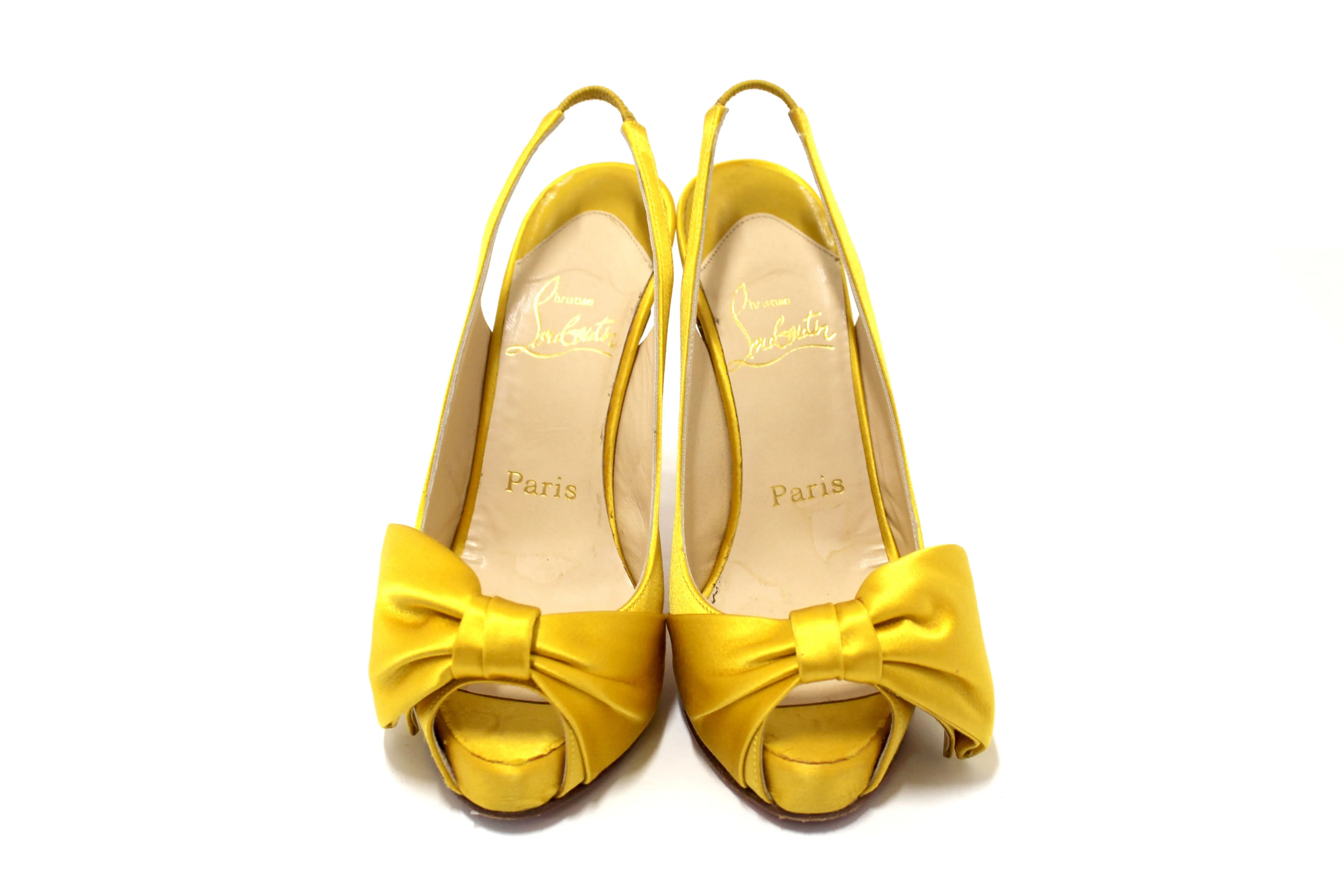 Authentic Christian Louboutin Yellow Satin Bow T Dorcet Peep Toe Pumps Size 35