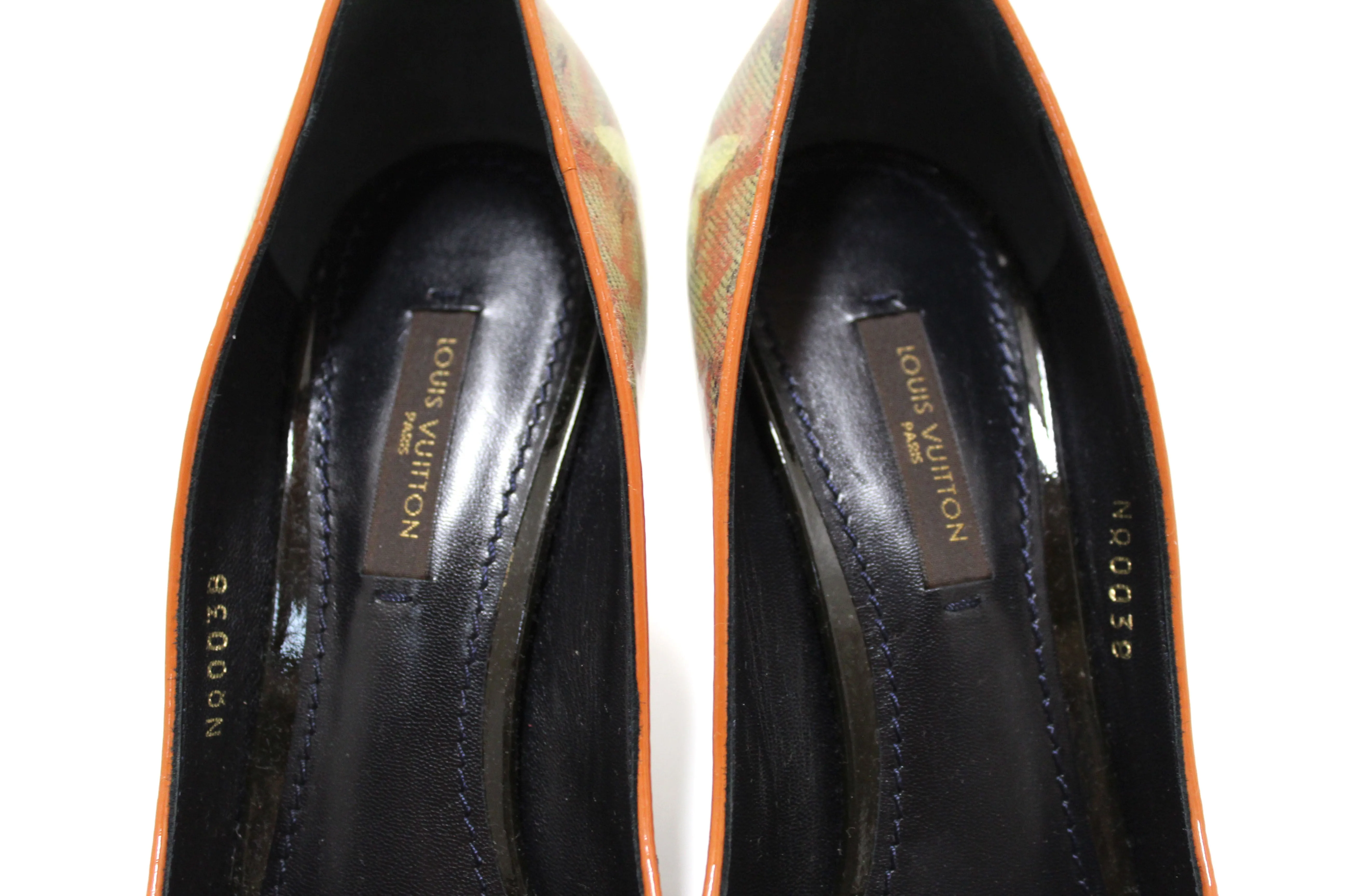 Authentic NEW Louis Vuitton Yellow Monogram Coated Denim Richard Prince Flash Pulp Peep-Toe Pumps Size 36