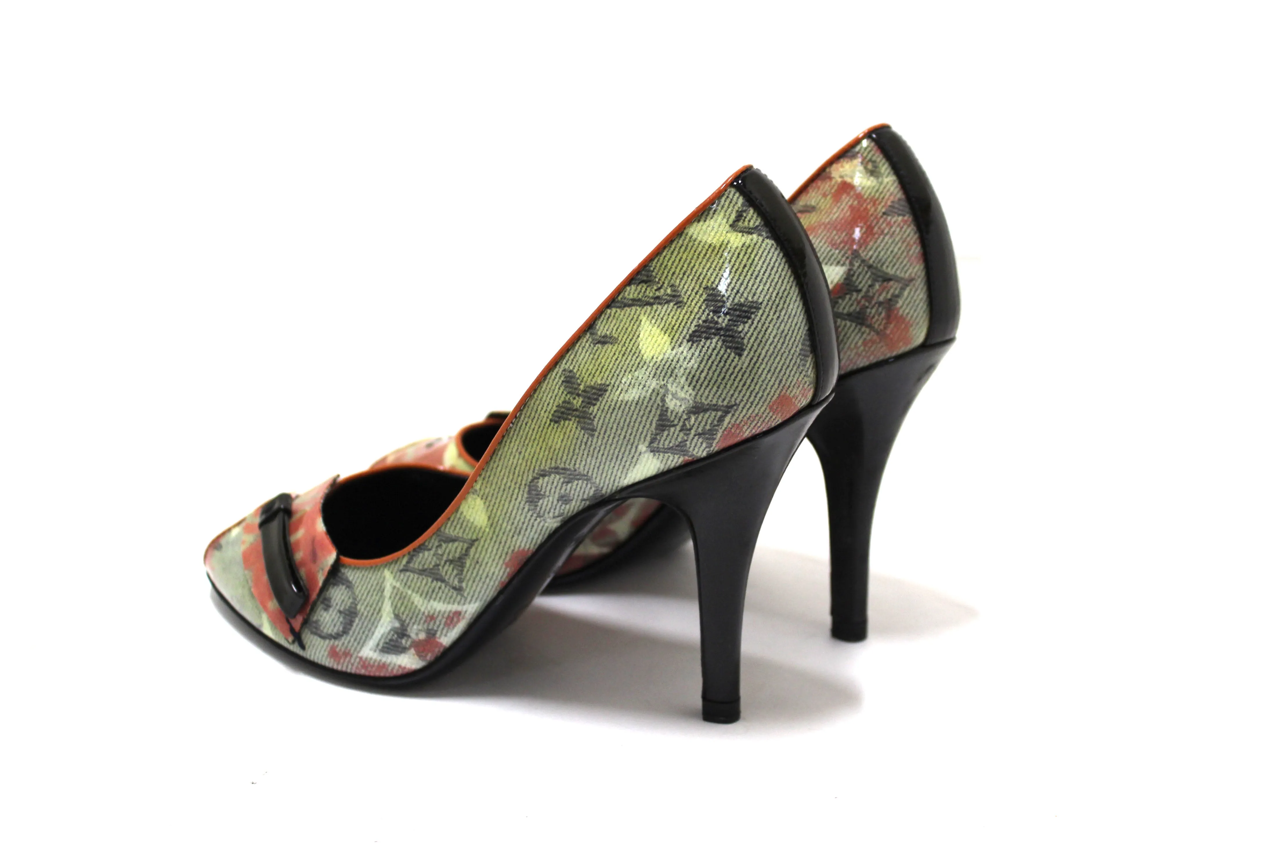 Authentic NEW Louis Vuitton Yellow Monogram Coated Denim Richard Prince Flash Pulp Peep-Toe Pumps Size 36