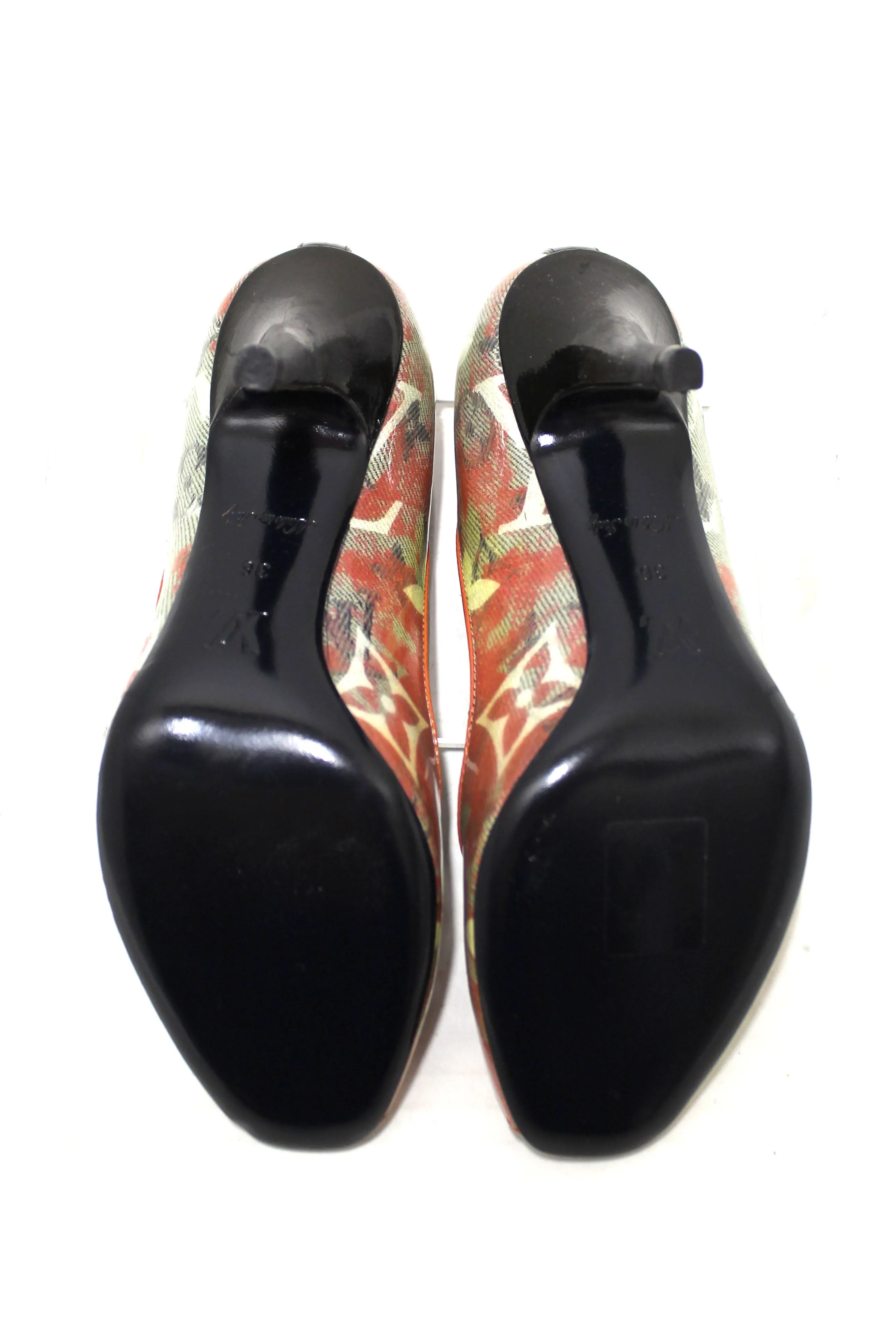 Authentic NEW Louis Vuitton Yellow Monogram Coated Denim Richard Prince Flash Pulp Peep-Toe Pumps Size 36