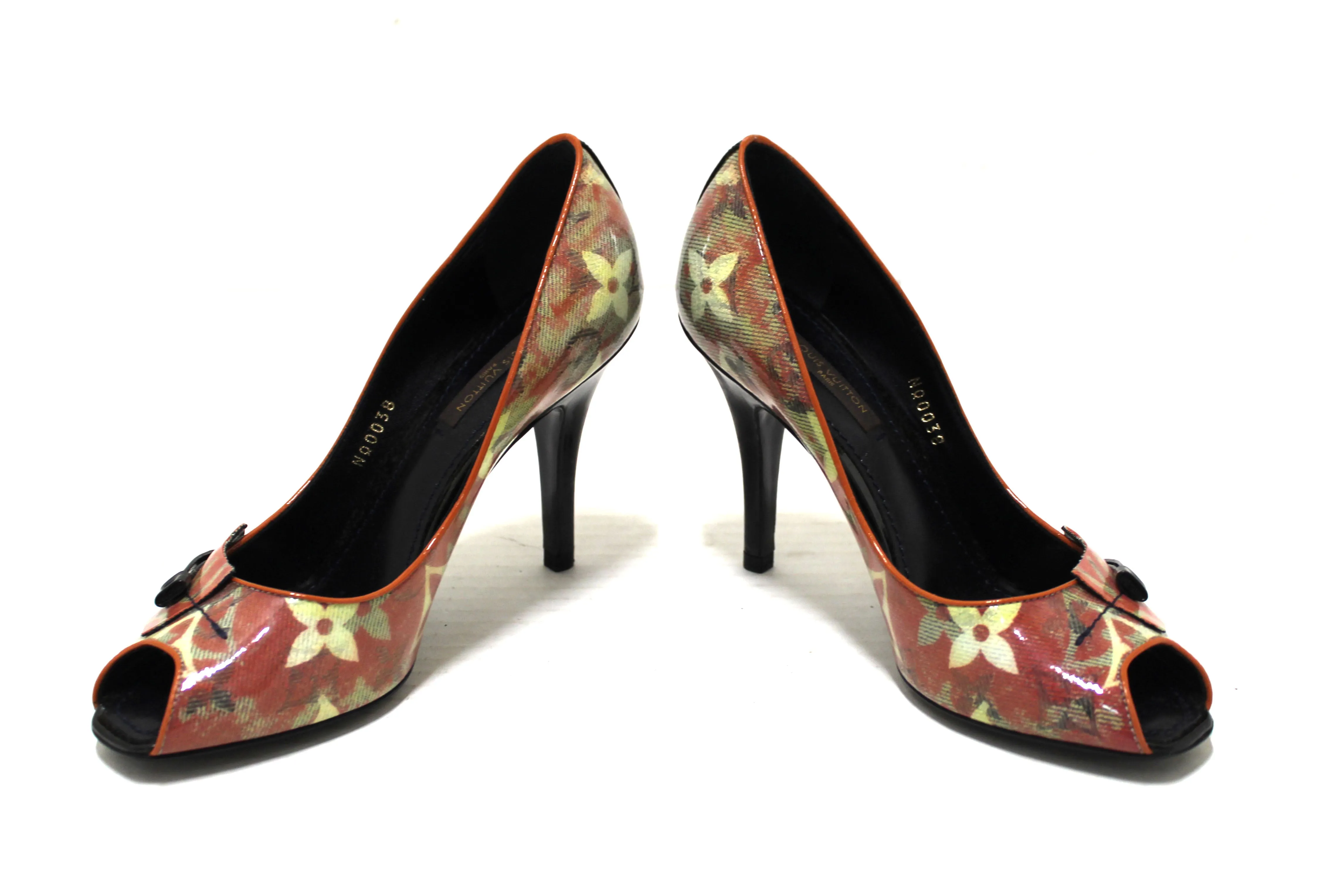 Authentic NEW Louis Vuitton Yellow Monogram Coated Denim Richard Prince Flash Pulp Peep-Toe Pumps Size 36