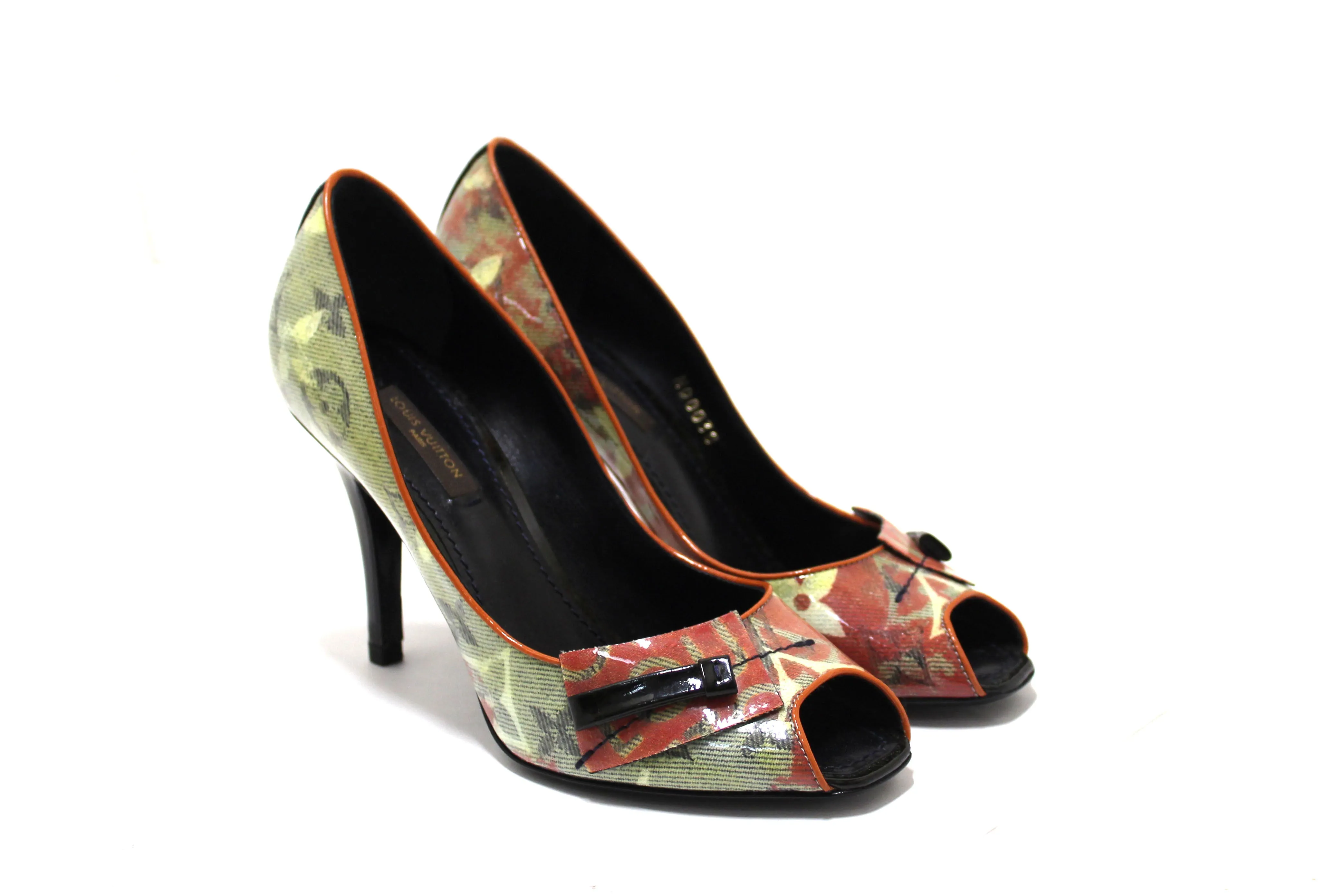 Authentic NEW Louis Vuitton Yellow Monogram Coated Denim Richard Prince Flash Pulp Peep-Toe Pumps Size 36