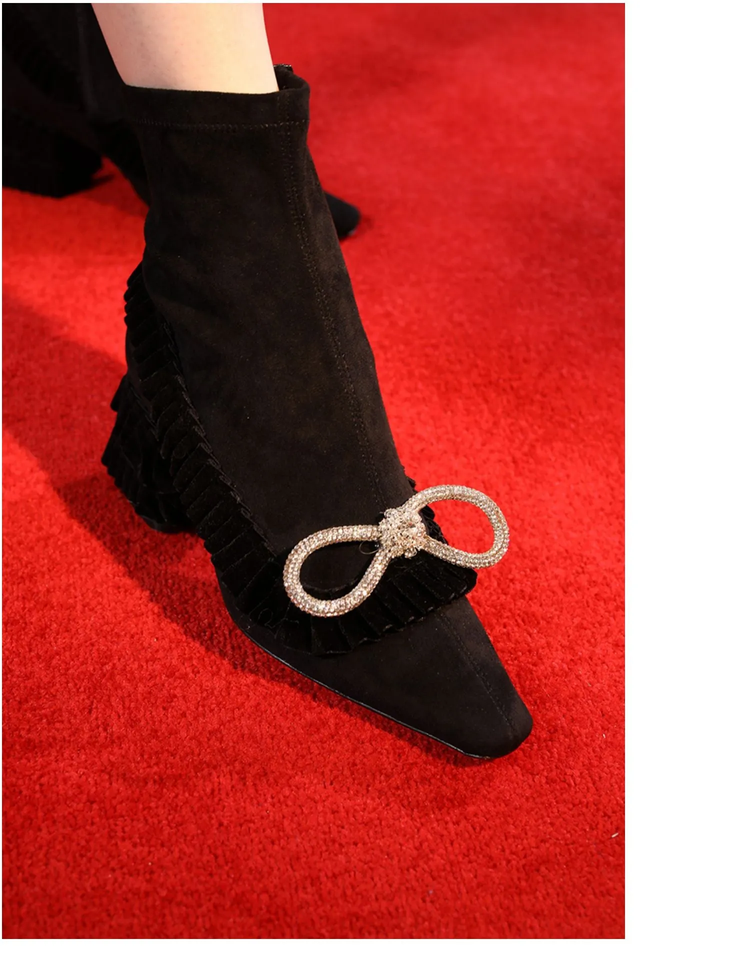 B-FEI pointed toe short tube square heel products original flash diamond bow short boots- Bola