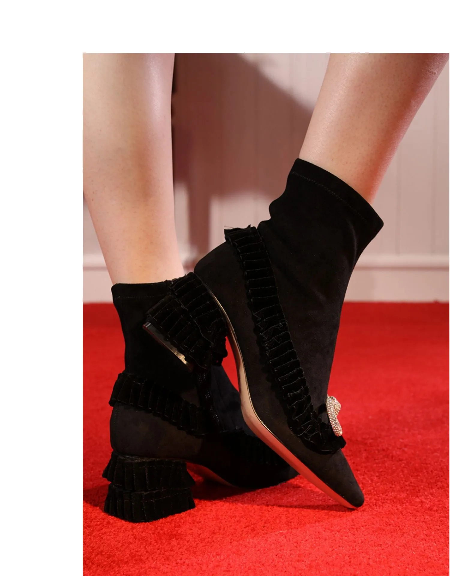 B-FEI pointed toe short tube square heel products original flash diamond bow short boots- Bola