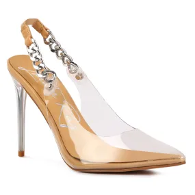 Beige Heeled Clear Chain Slingback Sandal