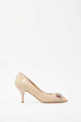 Beige Patent Leather Bow Pump