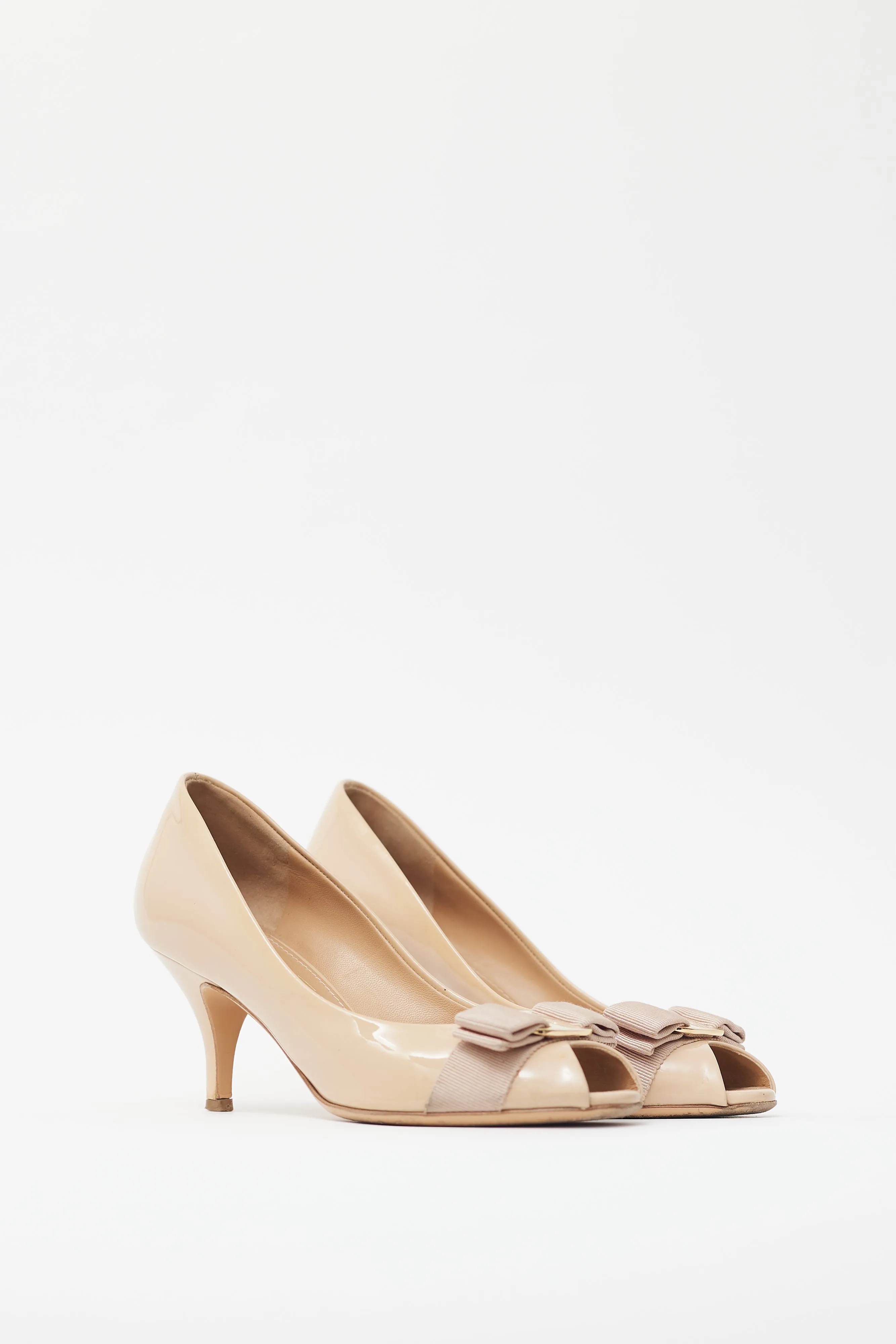 Beige Patent Leather Bow Pump