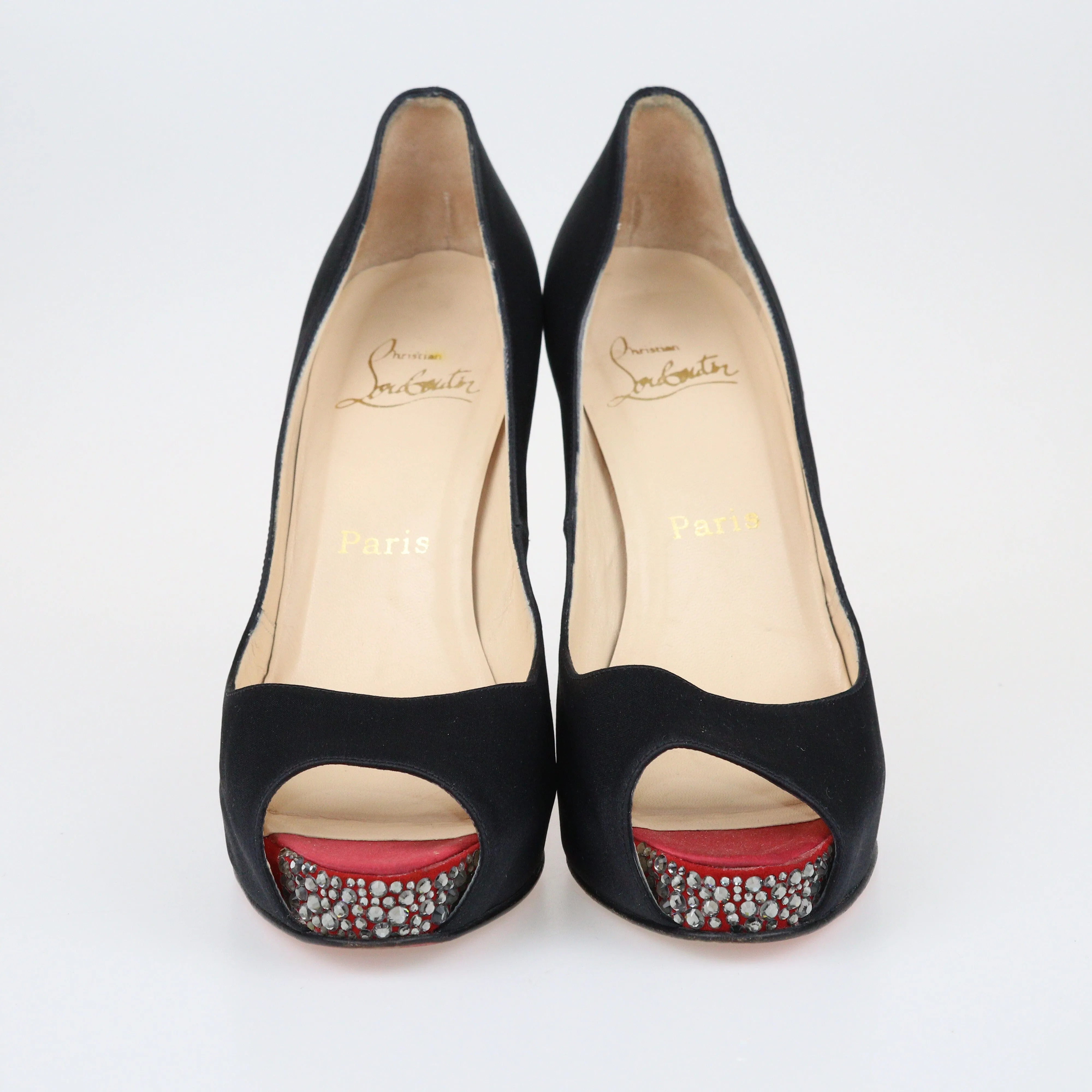 Black Crystal Embellished Peep Toe Platform Pumps