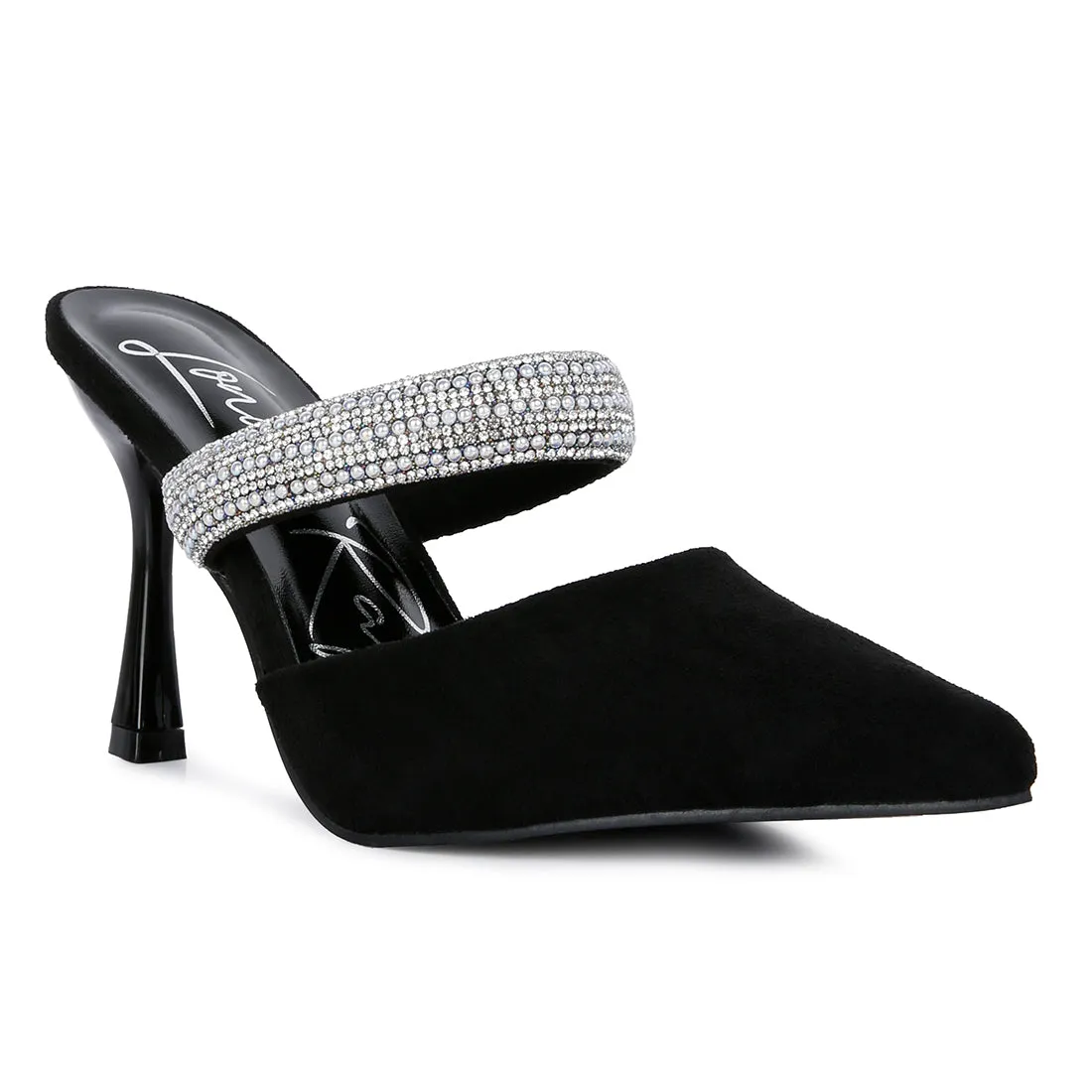 Black Diamante Strap Heeled Mules