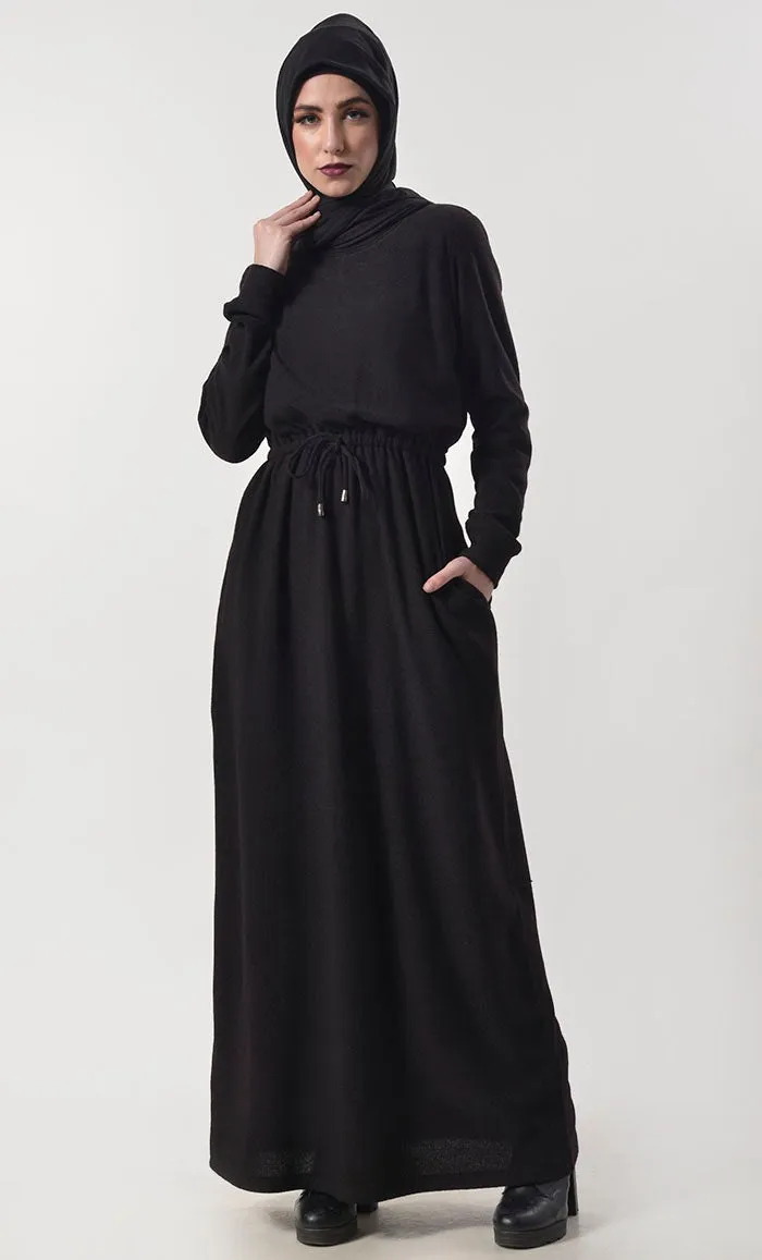 Black Jersey Drawstring Attached Abaya