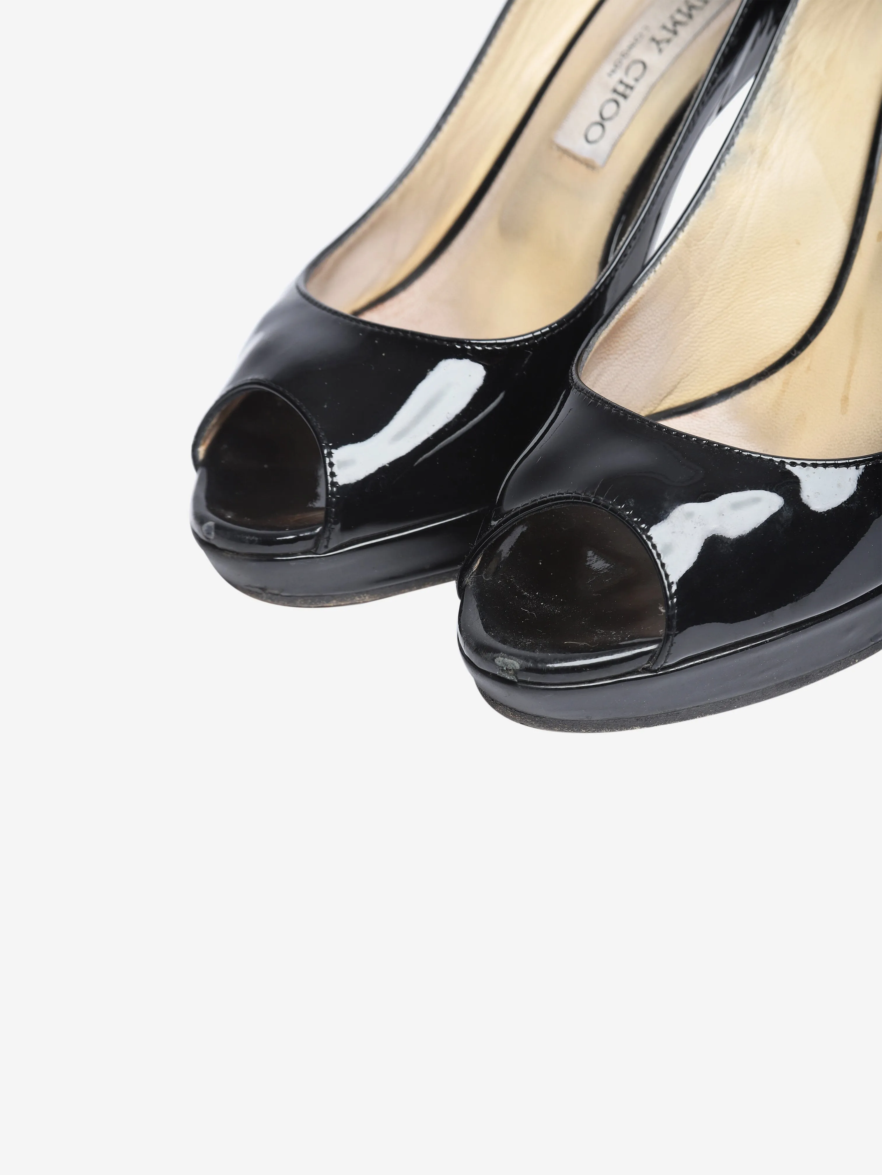 Black patent peep-toe pumps - size EU 38 (UK 5)