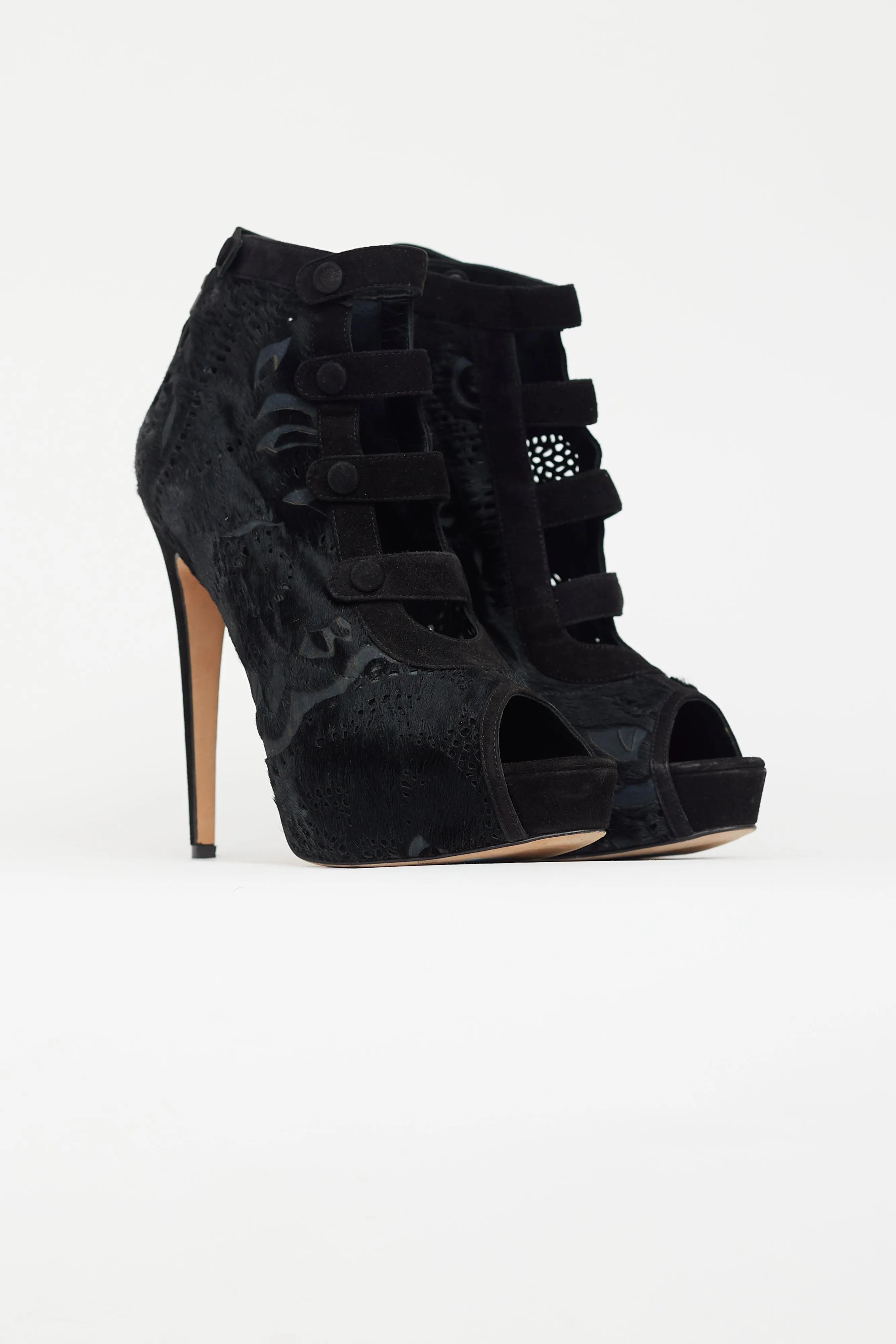 Black Textured Peep Toe Pump