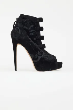 Black Textured Peep Toe Pump