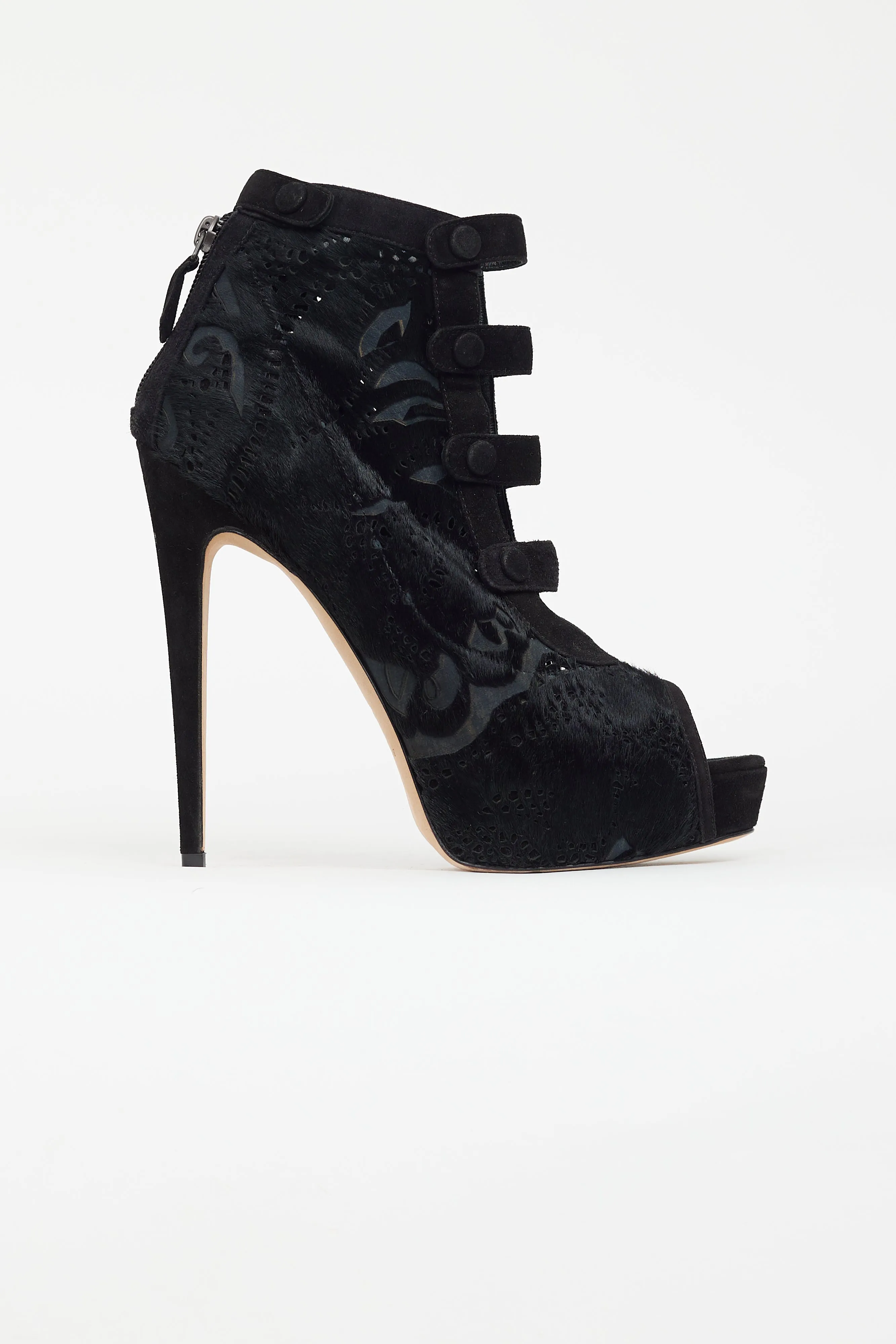 Black Textured Peep Toe Pump