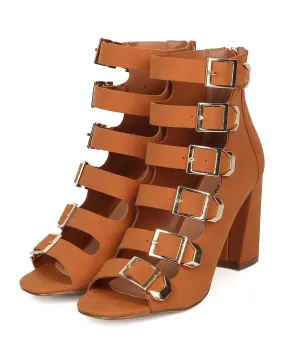 Breckelles Ali-21 Tan Leather Peep Toe Strappy Buckled Block Heeled Pump Sandals