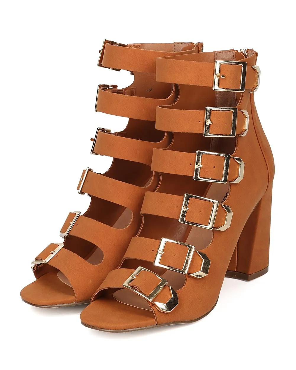 Breckelles Ali-21 Tan Leather Peep Toe Strappy Buckled Block Heeled Pump Sandals