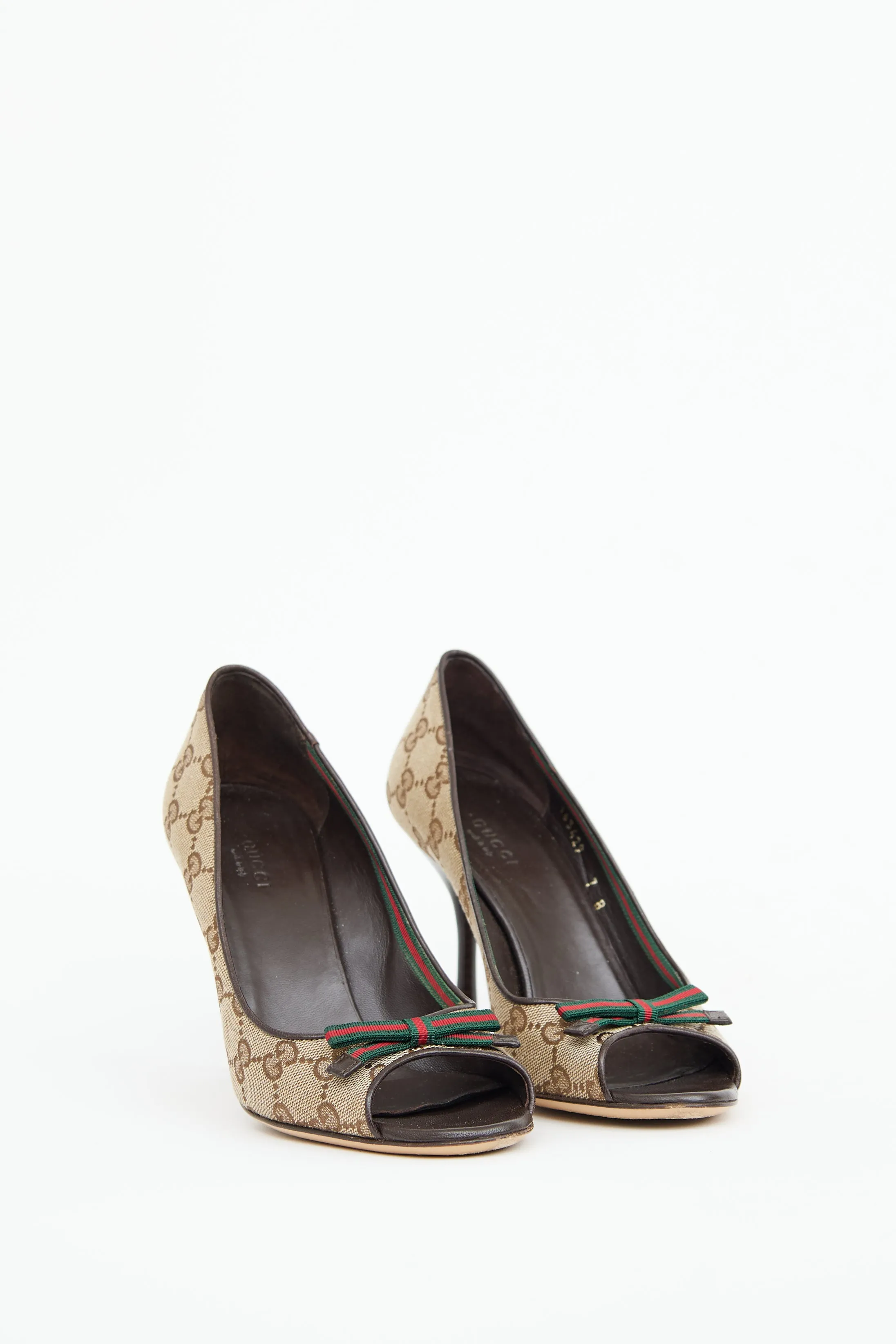 Brown GG Canvas Peep Toe Pump