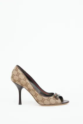 Brown GG Canvas Peep Toe Pump