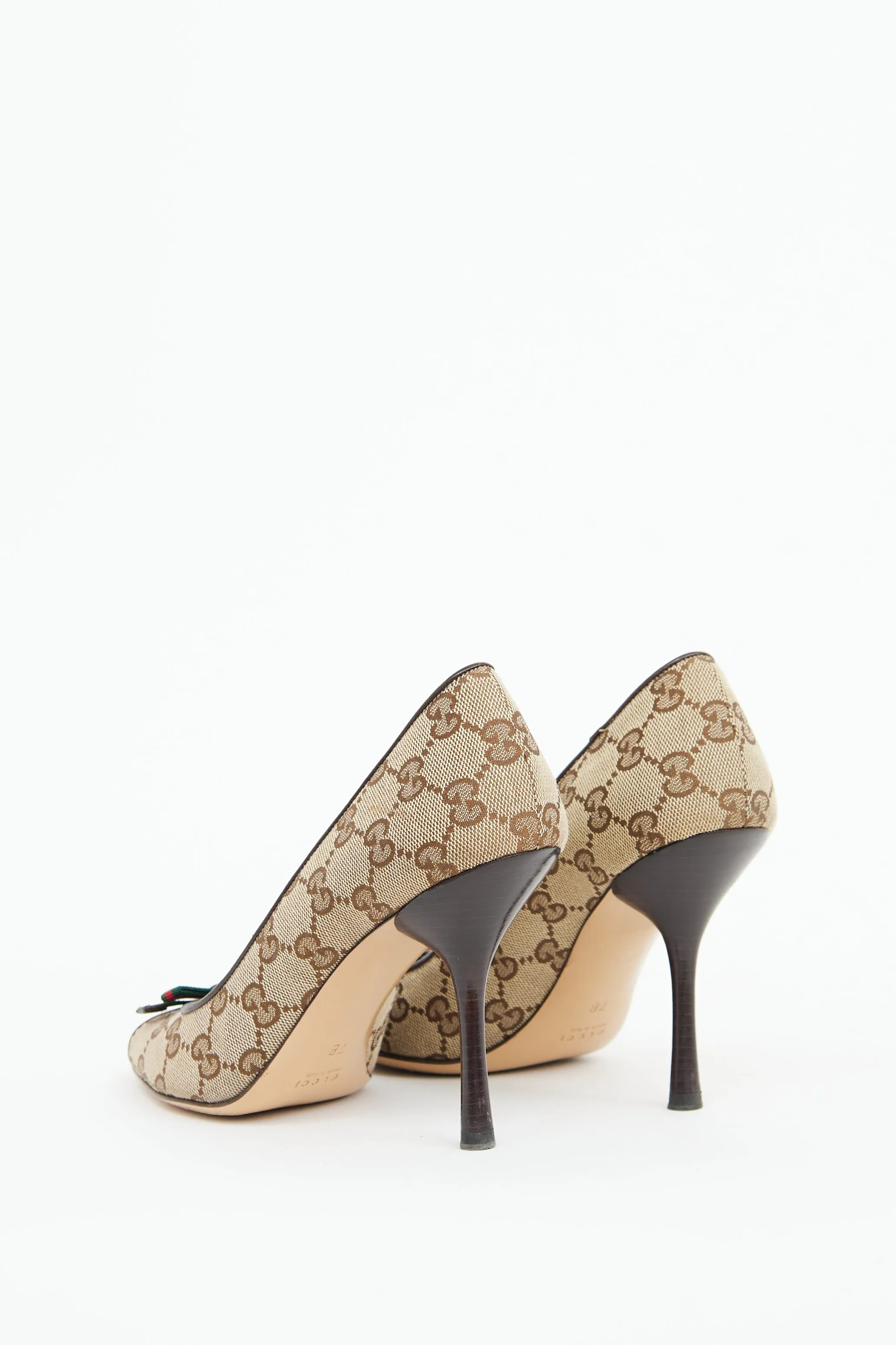 Brown GG Canvas Peep Toe Pump