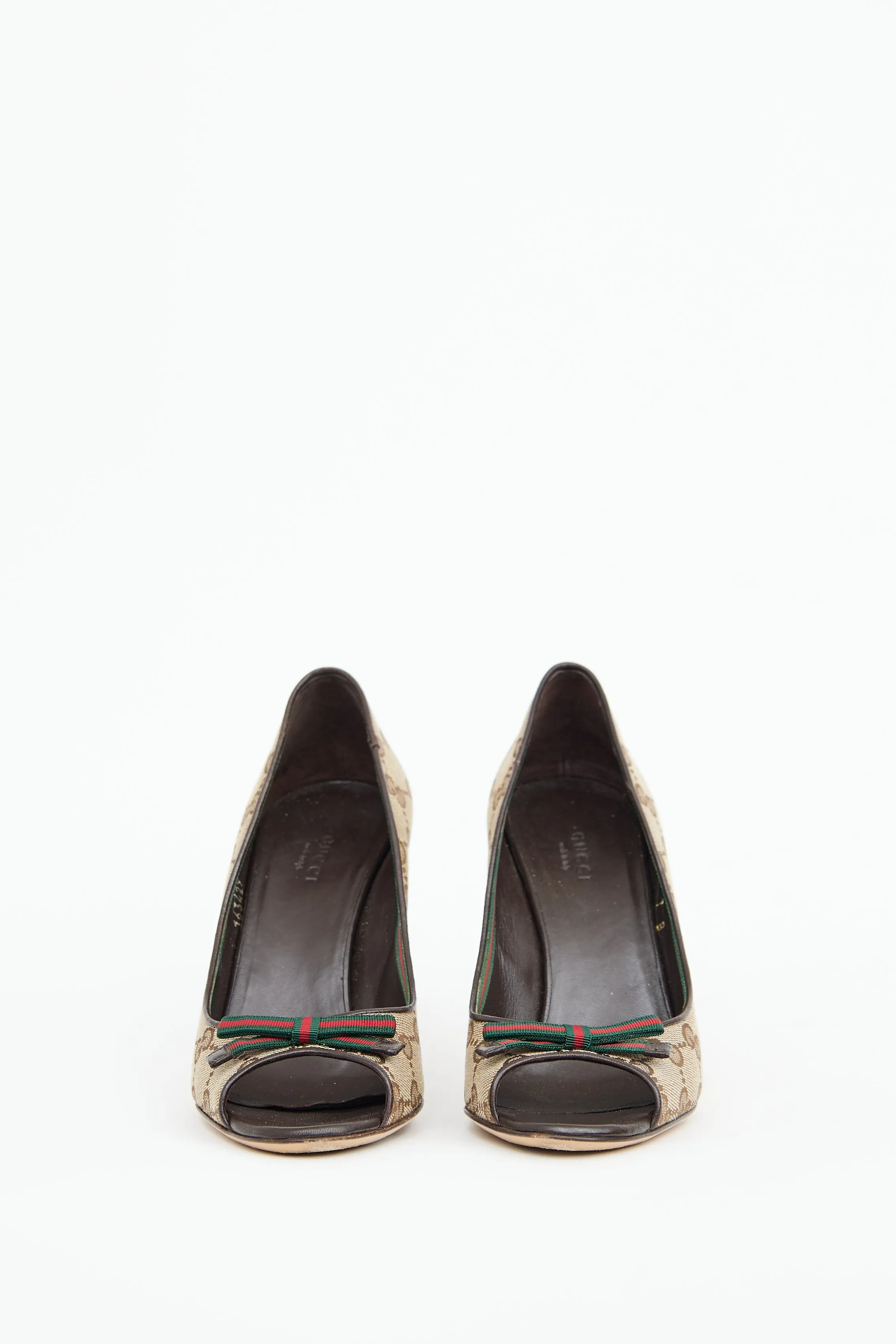 Brown GG Canvas Peep Toe Pump
