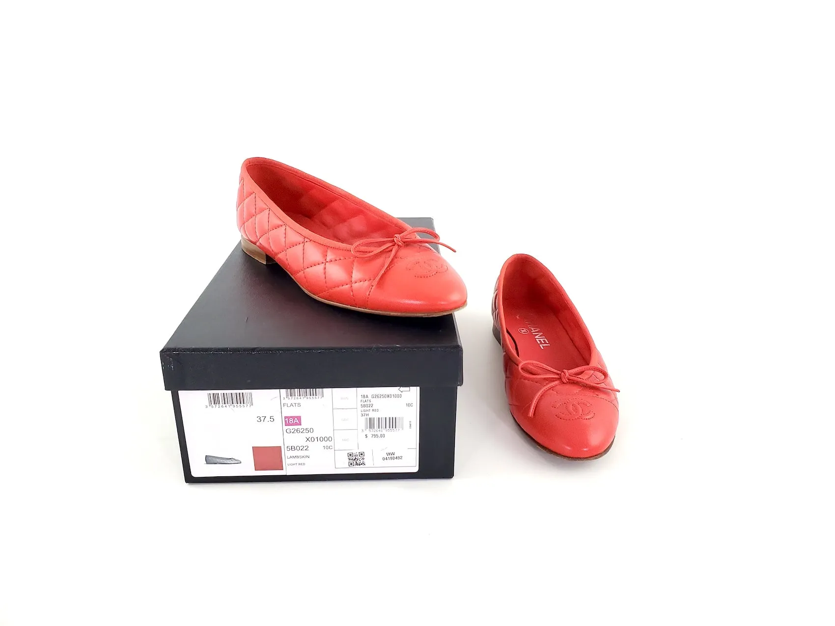 CHANEL 18A Red Quilted CC Logo Classic Ballet Flats 37.5C