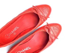 CHANEL 18A Red Quilted CC Logo Classic Ballet Flats 37.5C