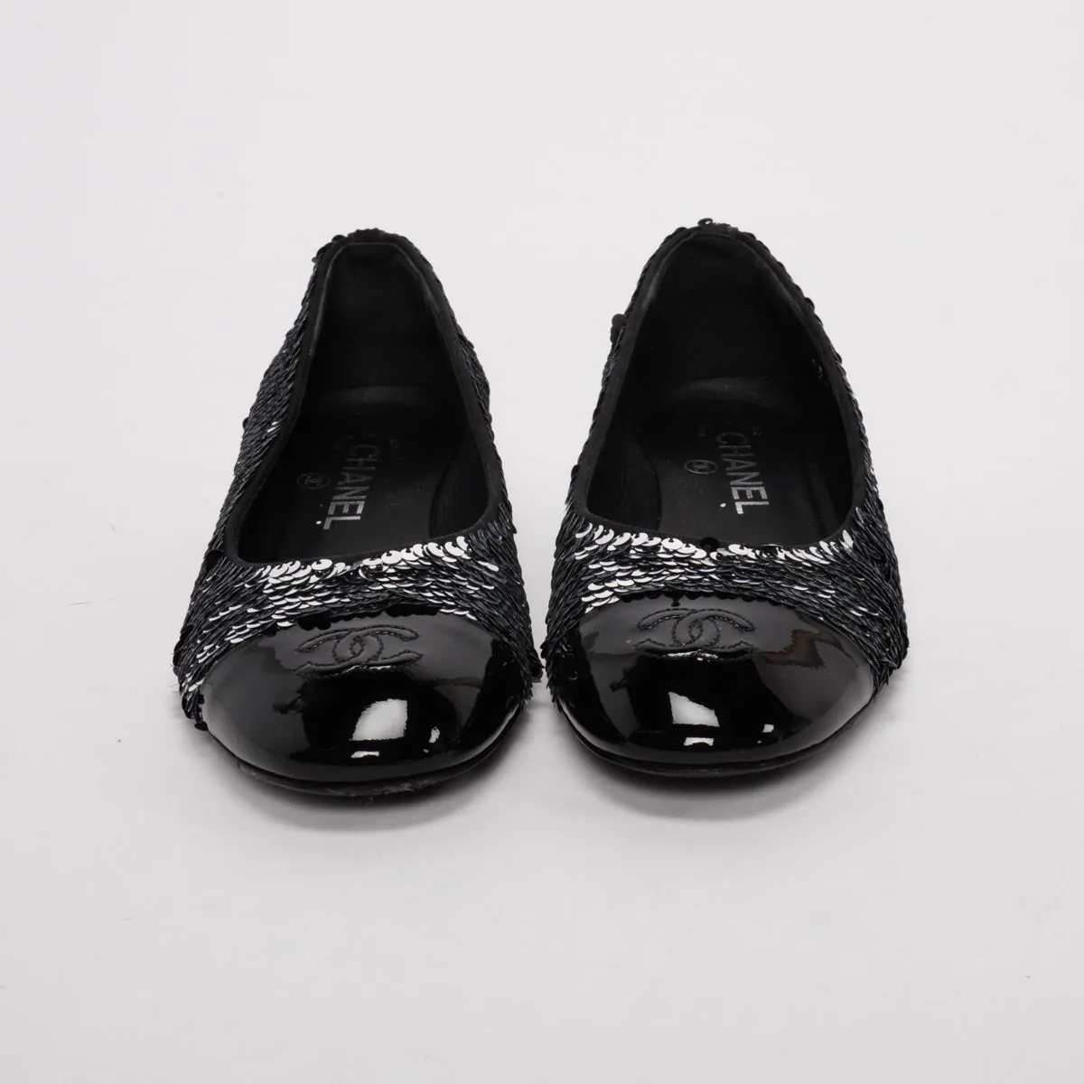 Chanel Black & Silver Sequin Encrusted CC Ballerina Flats 37.5