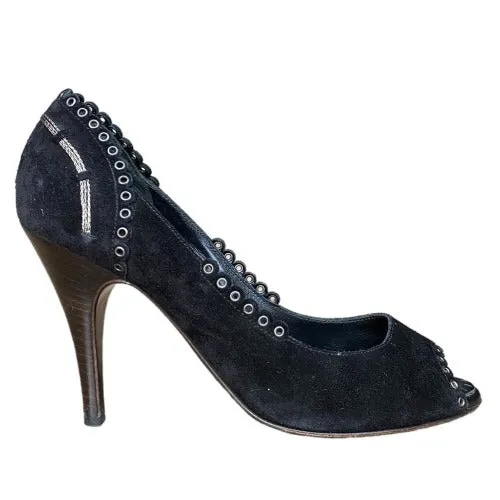 CHANEL Black Suede Eyelet Studded Peep Toe Pumps, Size 38.5