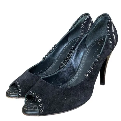 CHANEL Black Suede Eyelet Studded Peep Toe Pumps, Size 38.5