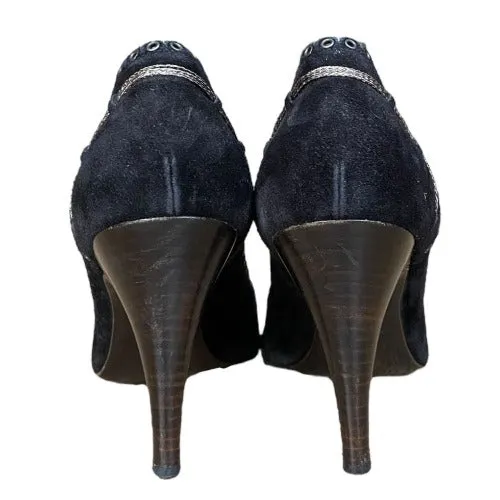 CHANEL Black Suede Eyelet Studded Peep Toe Pumps, Size 38.5
