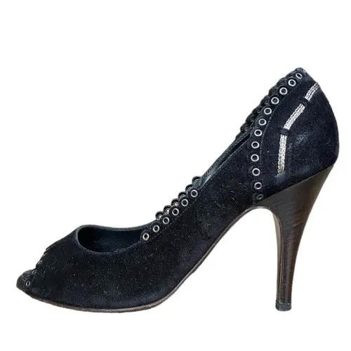 CHANEL Black Suede Eyelet Studded Peep Toe Pumps, Size 38.5