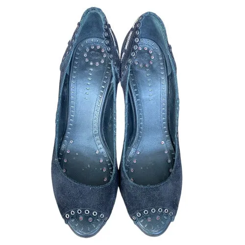 CHANEL Black Suede Eyelet Studded Peep Toe Pumps, Size 38.5