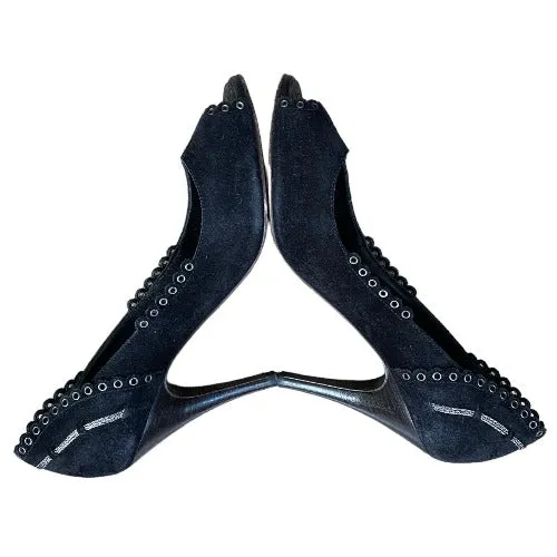 CHANEL Black Suede Eyelet Studded Peep Toe Pumps, Size 38.5