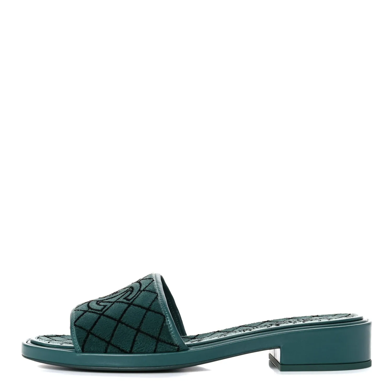 CHANEL CC EMROIDERED FABRIC & CALFSKIN SLIDE MULES