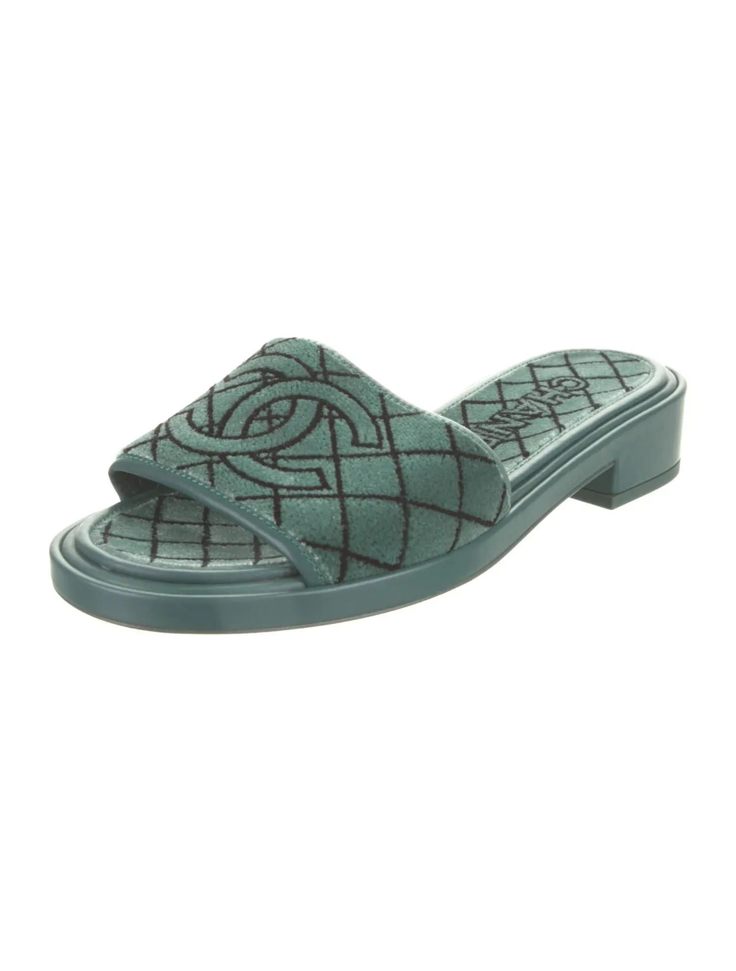 CHANEL CC EMROIDERED FABRIC & CALFSKIN SLIDE MULES