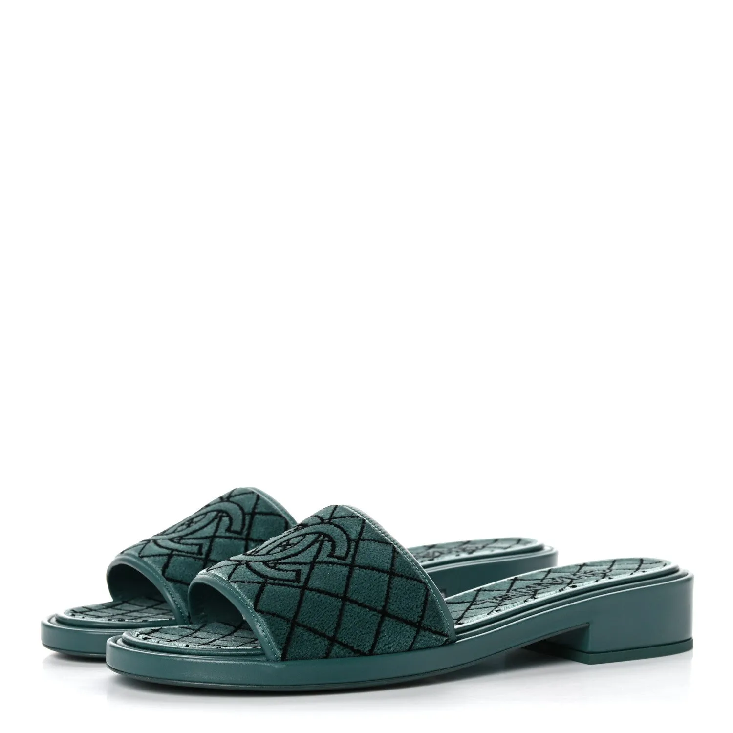 CHANEL CC EMROIDERED FABRIC & CALFSKIN SLIDE MULES