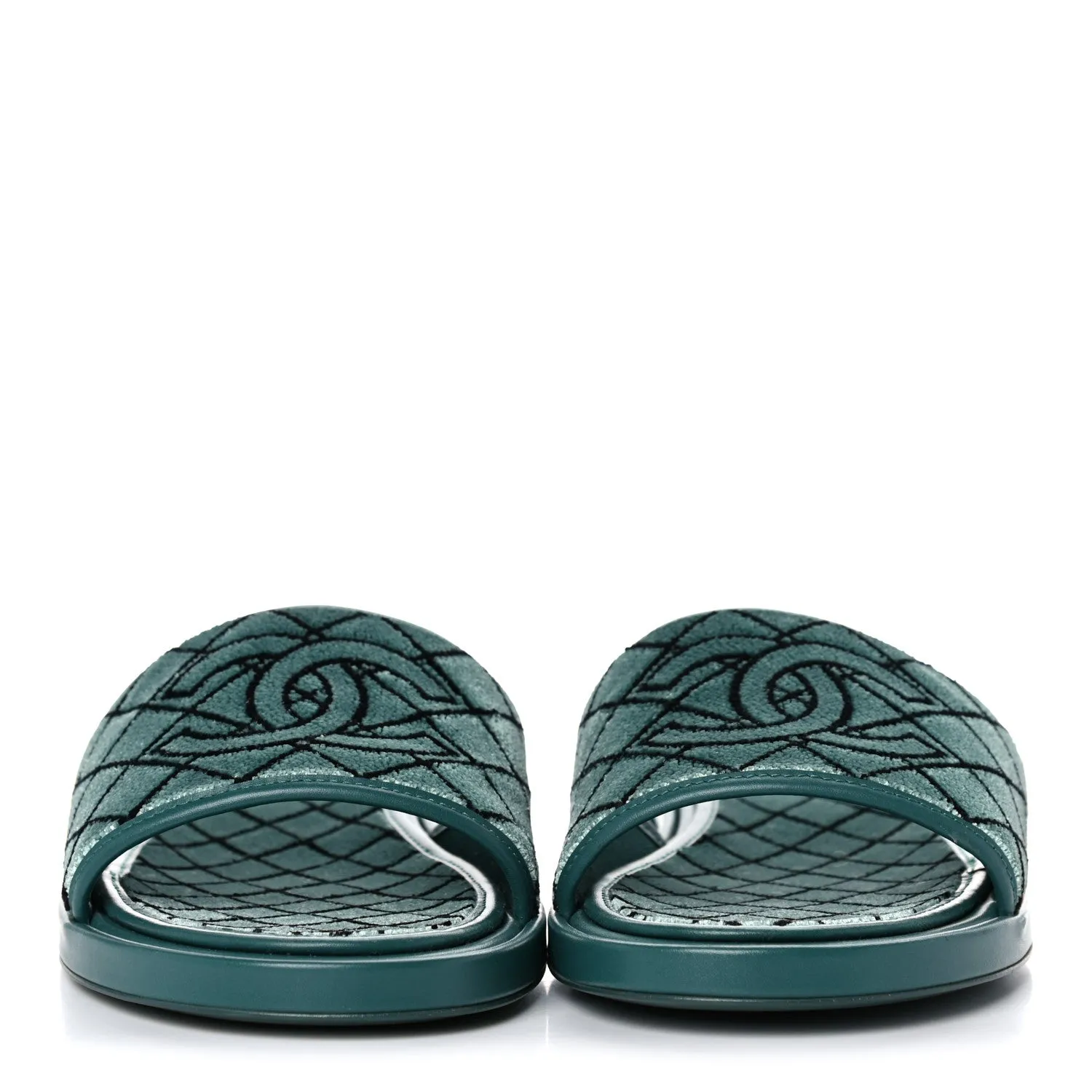 CHANEL CC EMROIDERED FABRIC & CALFSKIN SLIDE MULES