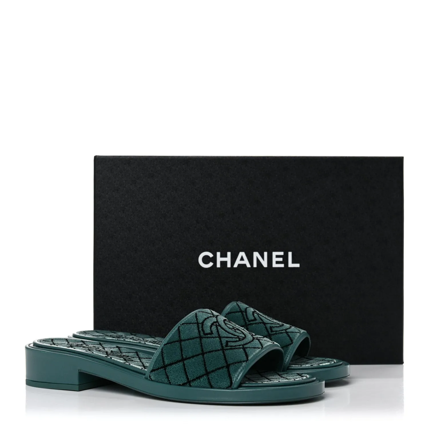 CHANEL CC EMROIDERED FABRIC & CALFSKIN SLIDE MULES