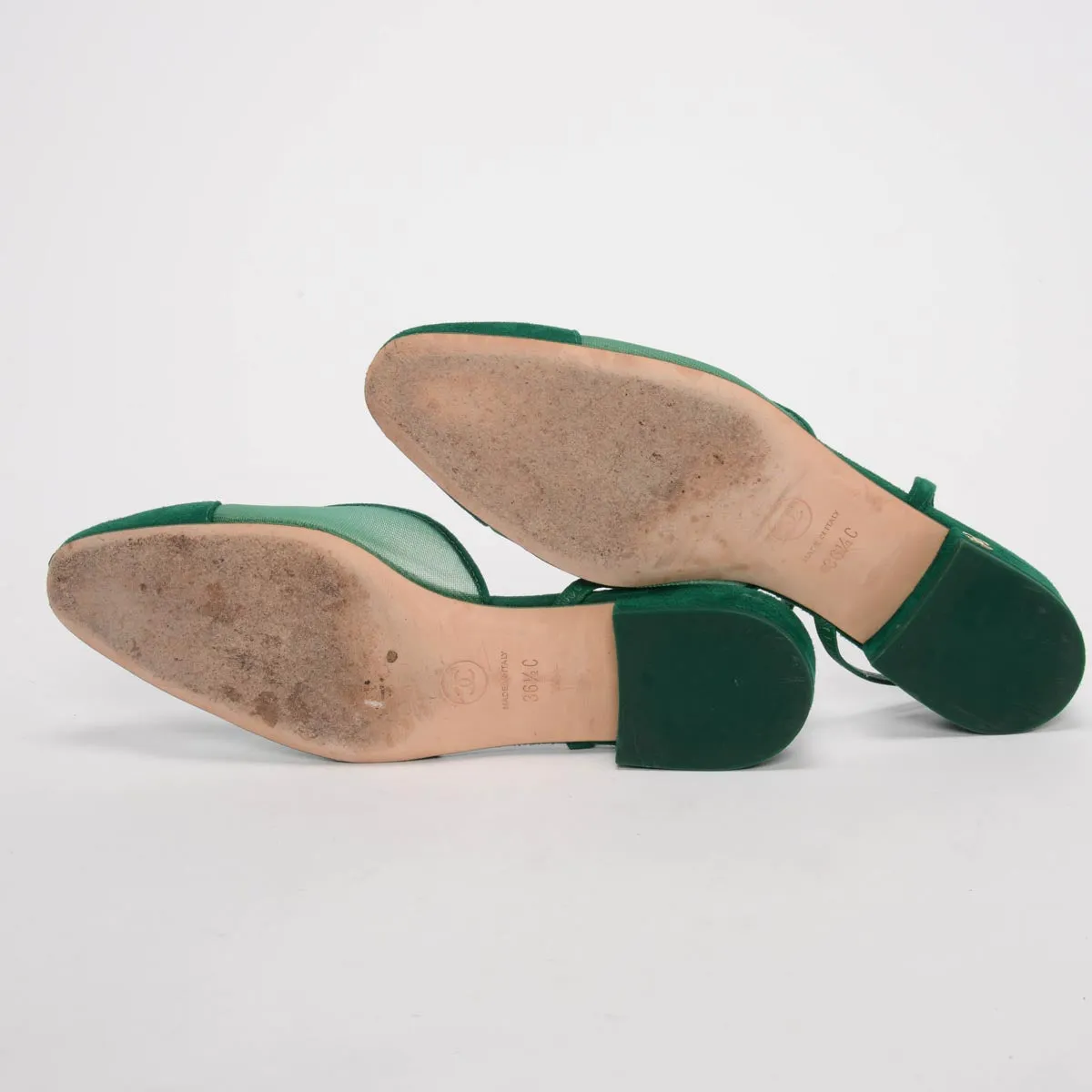 Chanel Green Suede & Mesh CC Slingback Flats 36.5