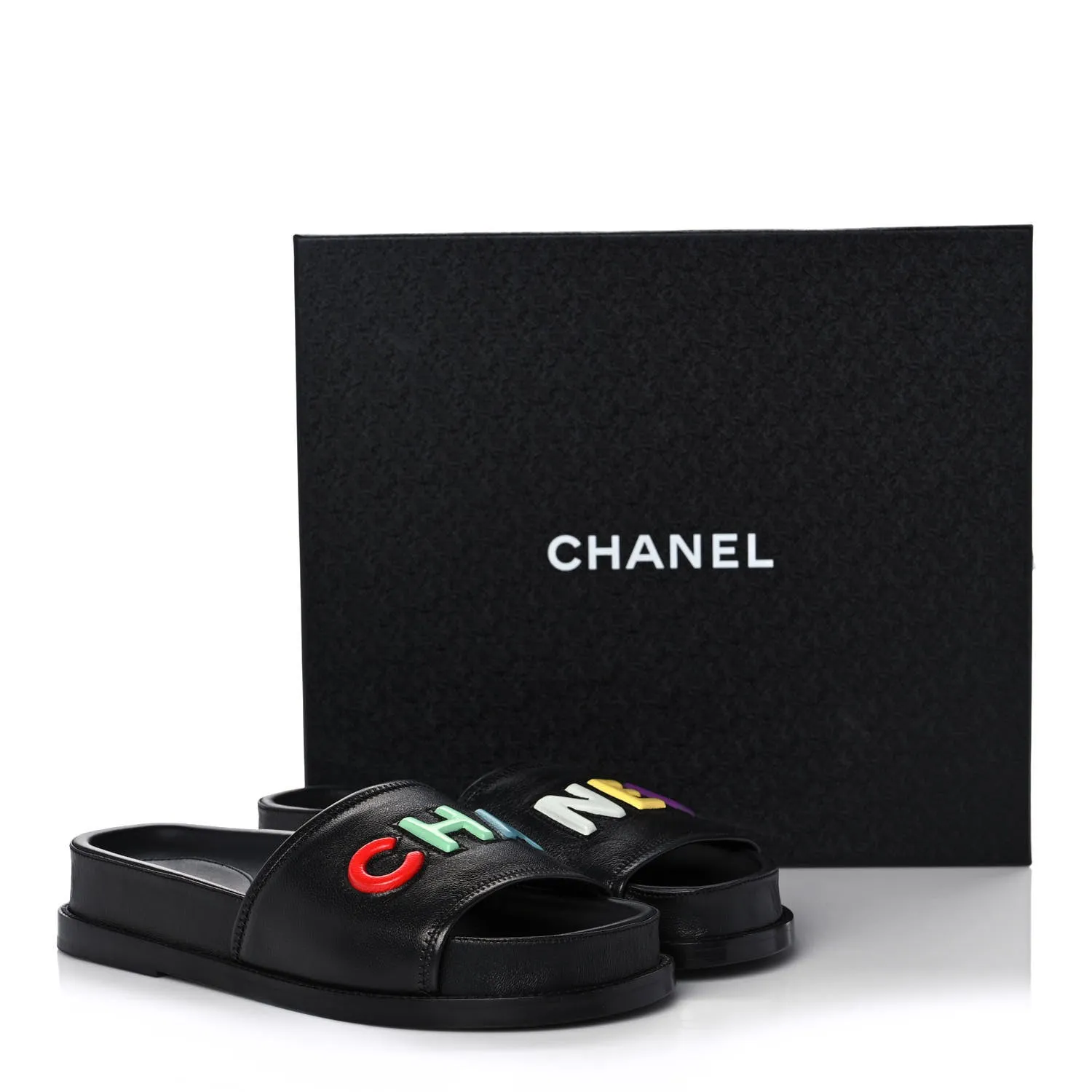 CHANEL LAMBSKIN CHA-NEL SANDLAS MULES