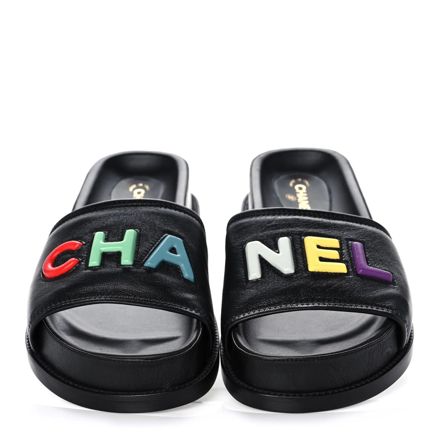 CHANEL LAMBSKIN CHA-NEL SANDLAS MULES